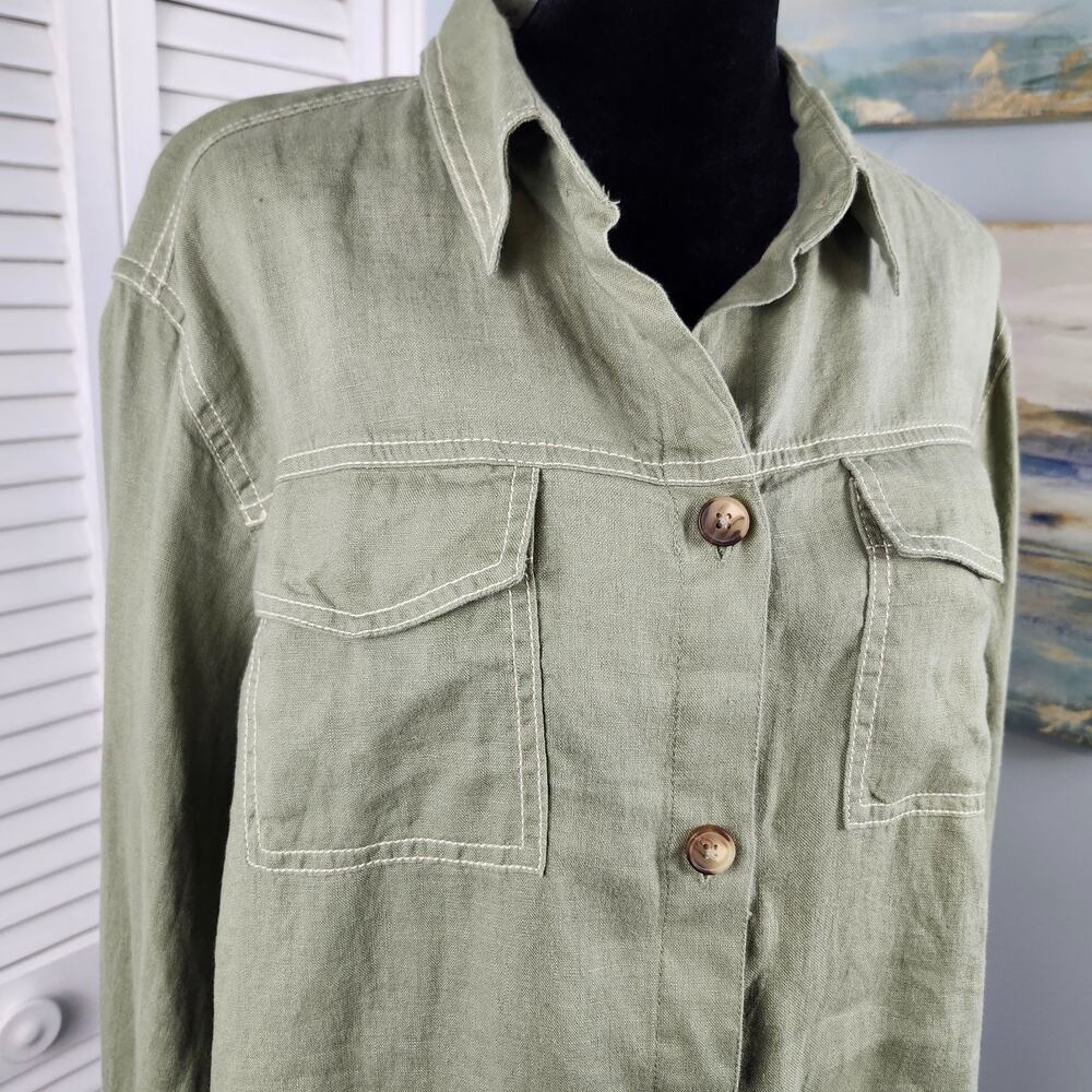 Rachel Zoe 100% Linen Button Top Small Army Green - Picture 2 of 7